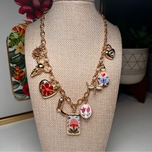 Gold Charm Necklace with Multicolor Accents Coquette Whimsical Floral Boho